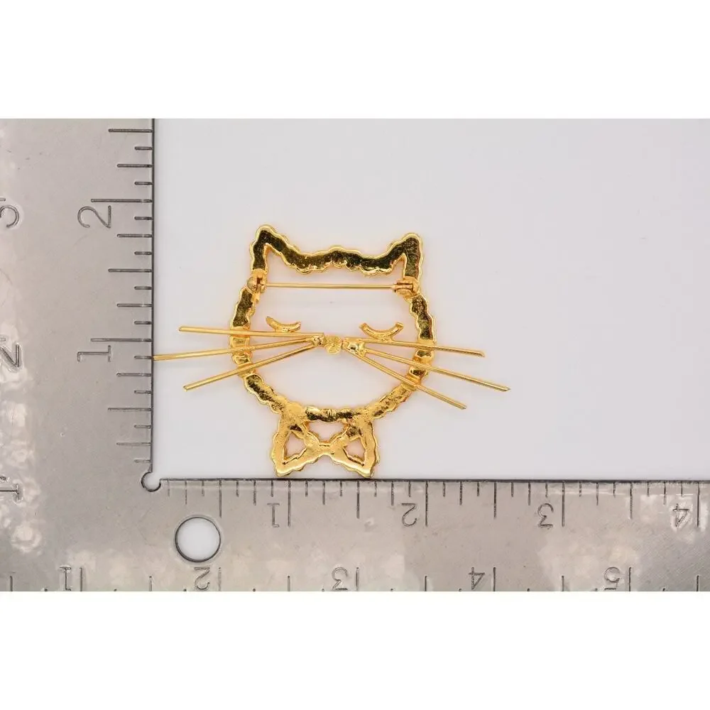 Vintage Cat Pin Brooch Sparkling Rhinestone Crystal Gold Tone Heavy 1990s BinAT